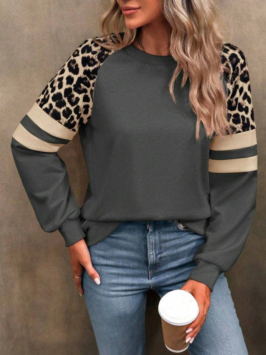 Leopard Sweatshirt Casual Colorblock Raglan Pullover